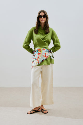 Linen Tie Detail Shirt Lime Green