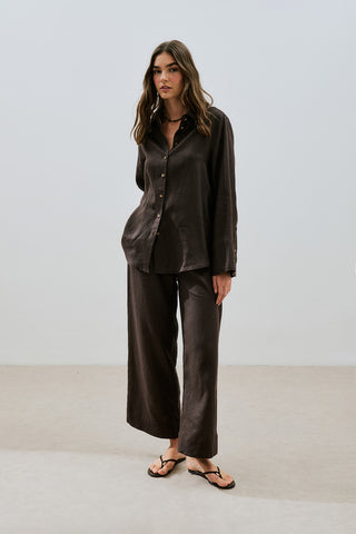 Linen Wide Cuff Shirt Dark Brown