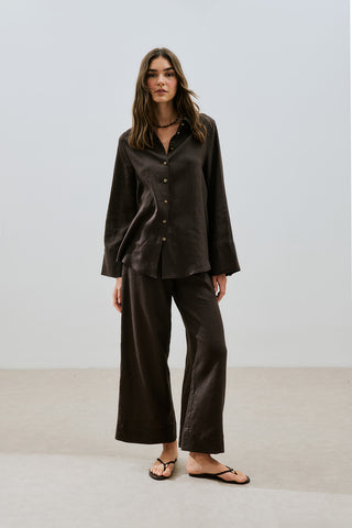 Linen Wide Cuff Shirt Dark Brown