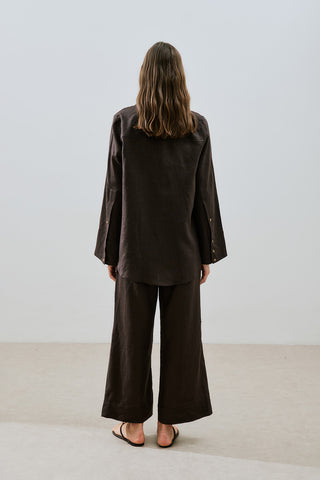 Linen Wide Cuff Shirt Dark Brown