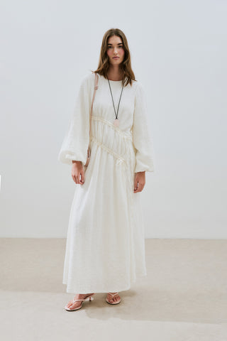 Ruched Tie Textured Dress Ecru