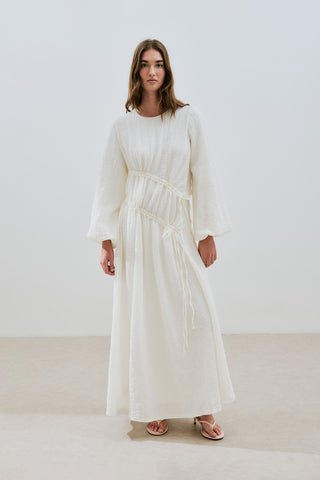 Ruched Tie Textured Dress Ecru