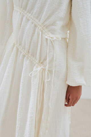 Ruched Tie Textured Dress Ecru