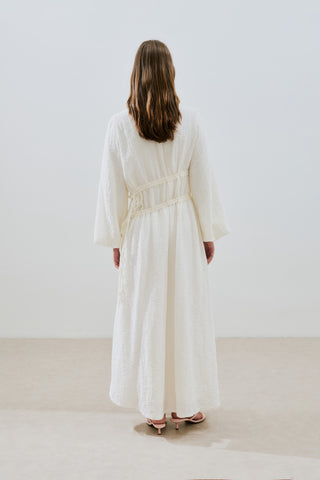 Ruched Tie Textured Dress Ecru