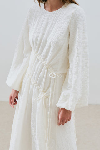 Ruched Tie Textured Dress Ecru