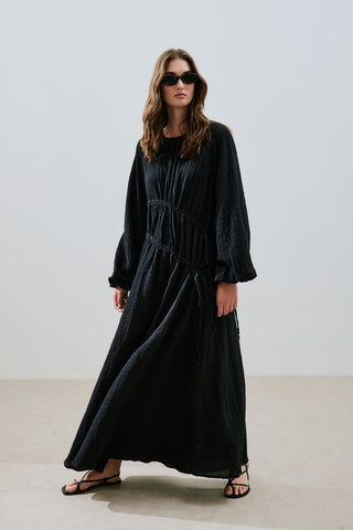 Ruched Tie Textured Dress Black