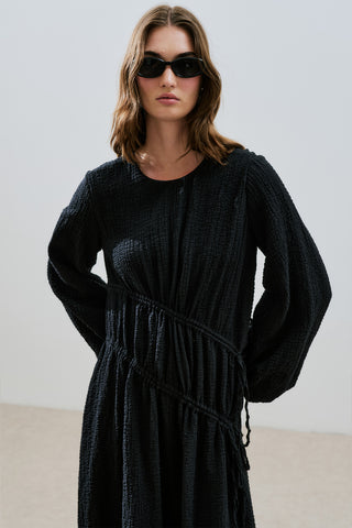 Ruched Tie Textured Dress Black