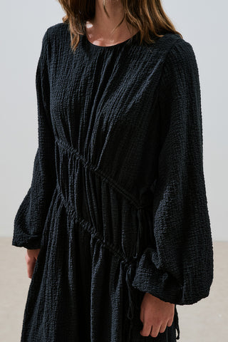 Ruched Tie Textured Dress Black