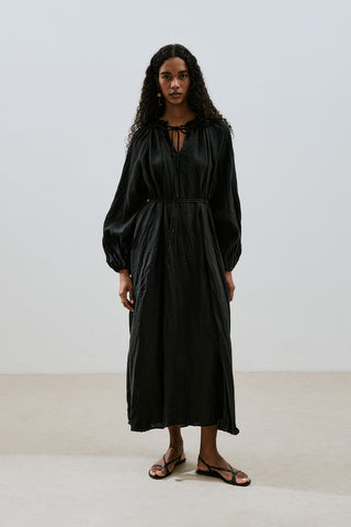 Ruched Neck Linen Dress Black