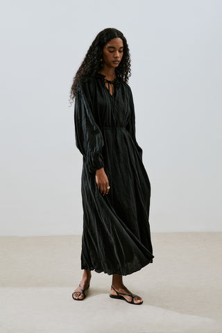 Ruched Neck Linen Dress Black