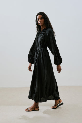 Ruched Neck Linen Dress Black