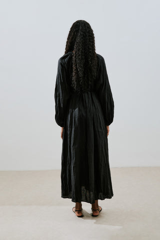 Ruched Neck Linen Dress Black