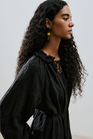Ruched Neck Linen Dress Black