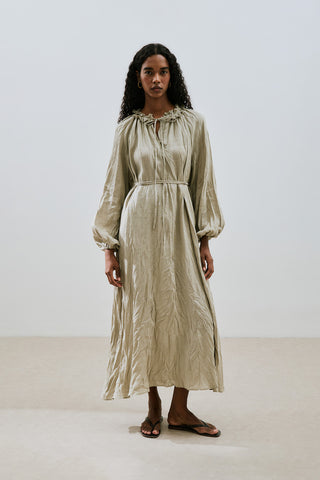 Ruched Neck Linen Dress Green
