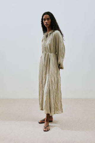 Ruched Neck Linen Dress Green