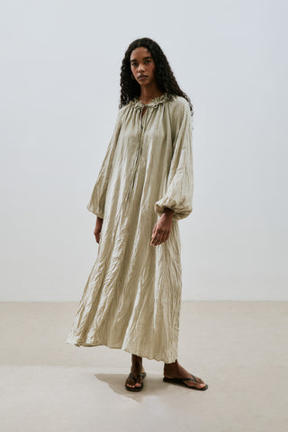 Ruched Neck Linen Dress Green