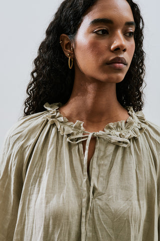 Ruched Neck Linen Dress Green Ruched Neck Linen Dress Green