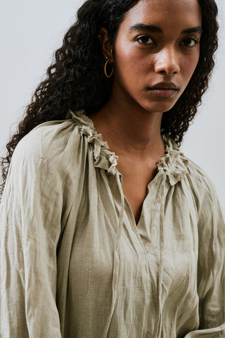 Ruched Neck Linen Dress Green