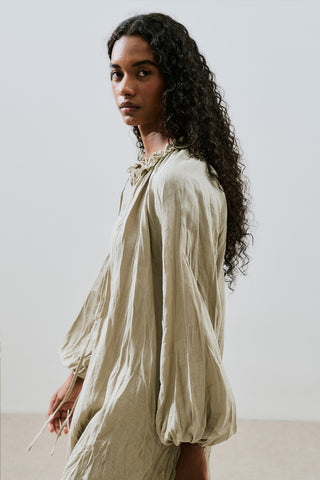 Ruched Neck Linen Dress Green