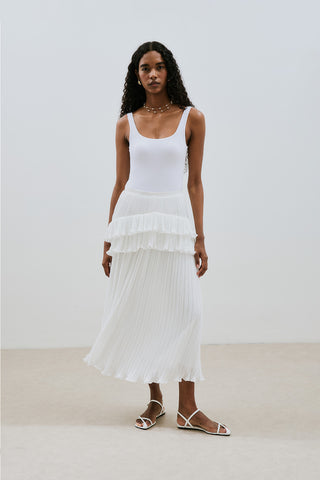 Mila Pleated Tiered Skirt Ecru
