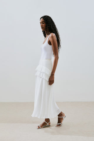 Mila Pleated Tiered Skirt Ecru