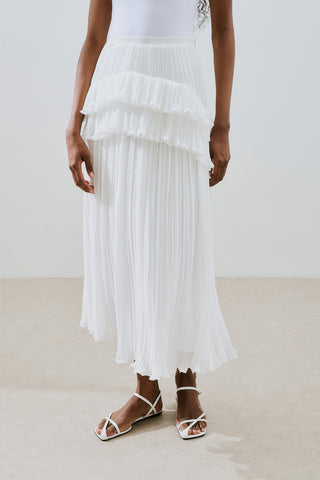 Mila Pleated Tiered Skirt Ecru