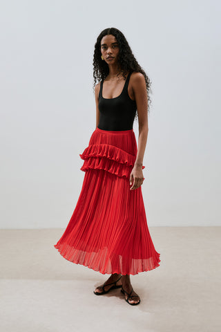 Mila Pleated Tiered Skirt Red