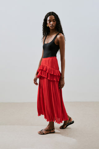 Mila Pleated Tiered Skirt Red