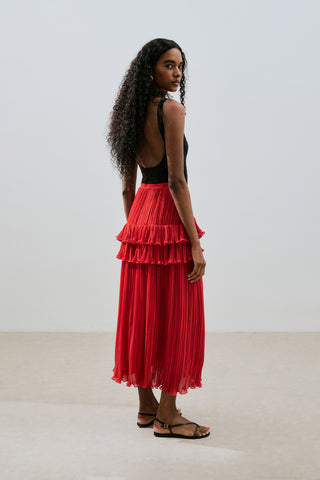 Mila Pleated Tiered Skirt Red