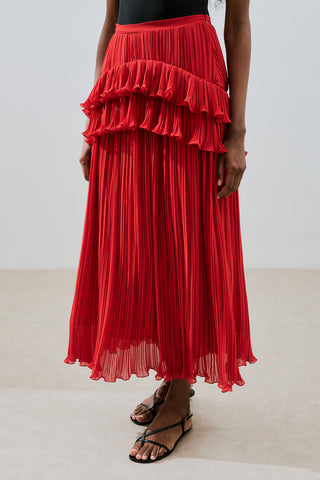Mila Pleated Tiered Skirt Red