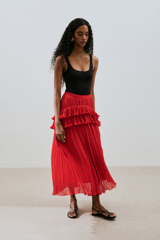 Mila Pleated Tiered Skirt Red