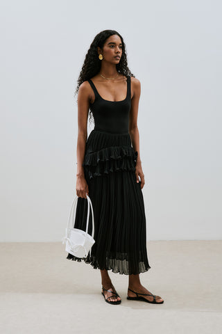 Mila Pleated Tiered Skirt Black