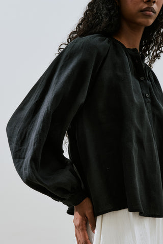 Lightweight Linen Gathered Neck Shirt Black