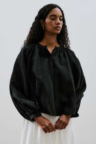 Lightweight Linen Gathered Neck Shirt Black