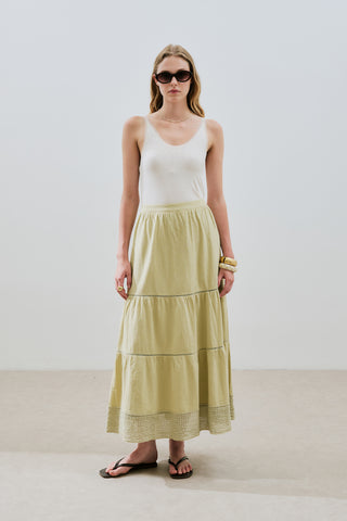 Embroidered Tiered Maxi Skirt Soft Green