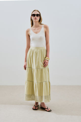 Embroidered Tiered Maxi Skirt Soft Green