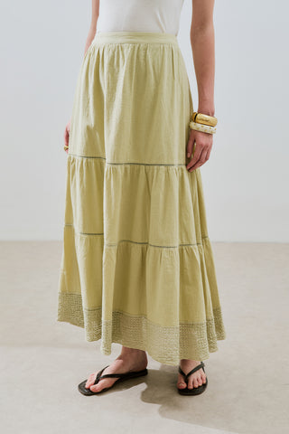 Embroidered Tiered Maxi Skirt Soft Green
