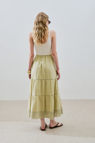 Embroidered Tiered Maxi Skirt Soft Green