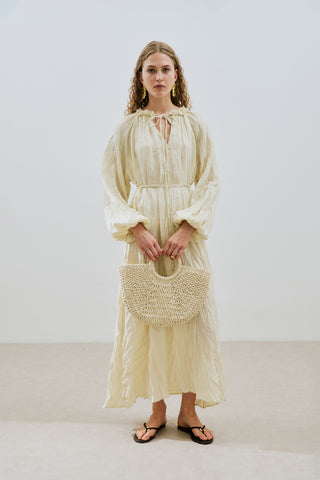 Ruched Neck Linen Dress Yellow