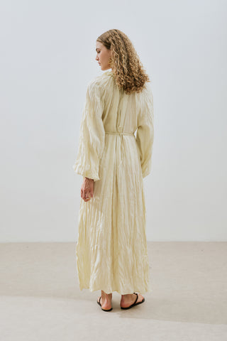 Ruched Neck Linen Dress Yellow