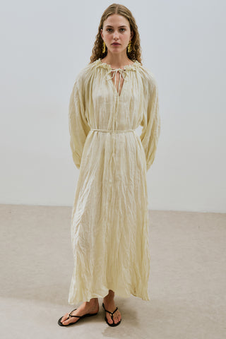 Ruched Neck Linen Dress Yellow