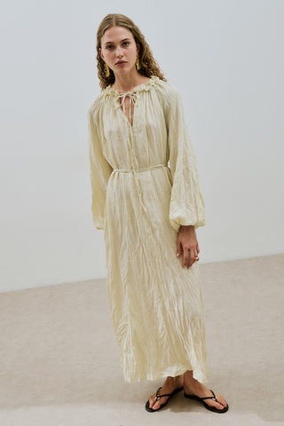 Ruched Neck Linen Dress Yellow