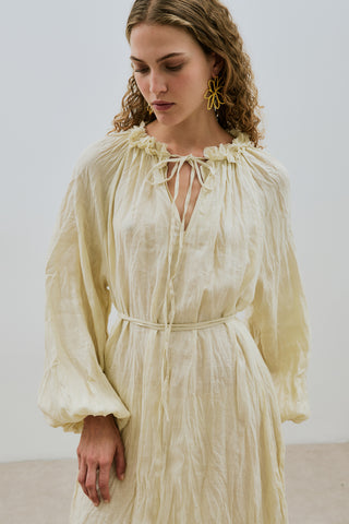 Ruched Neck Linen Dress Yellow