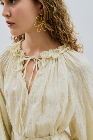 Ruched Neck Linen Dress Yellow