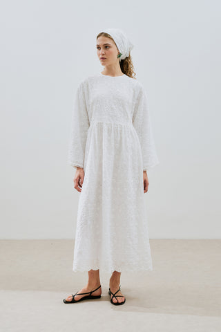 Embroidered Wide Sleeve Dress Ecru