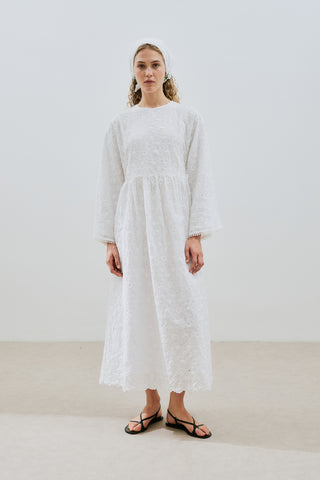 Embroidered Wide Sleeve Dress Ecru