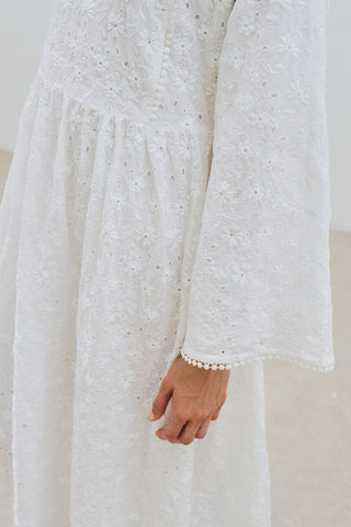 Embroidered Wide Sleeve Dress Ecru