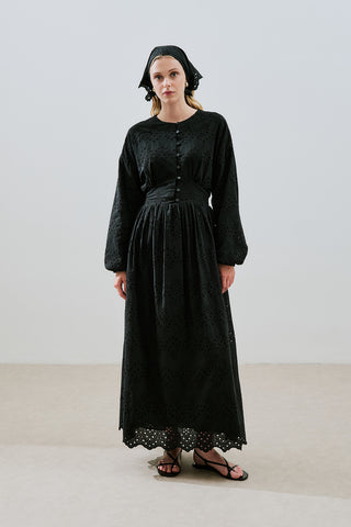 Broderie Button Dress Black