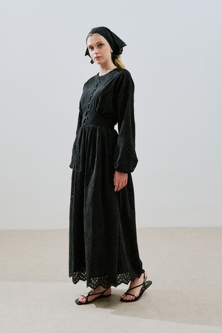Broderie Button Dress Black