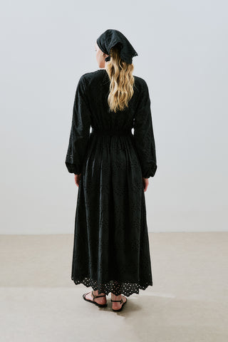 Broderie Button Dress Black
